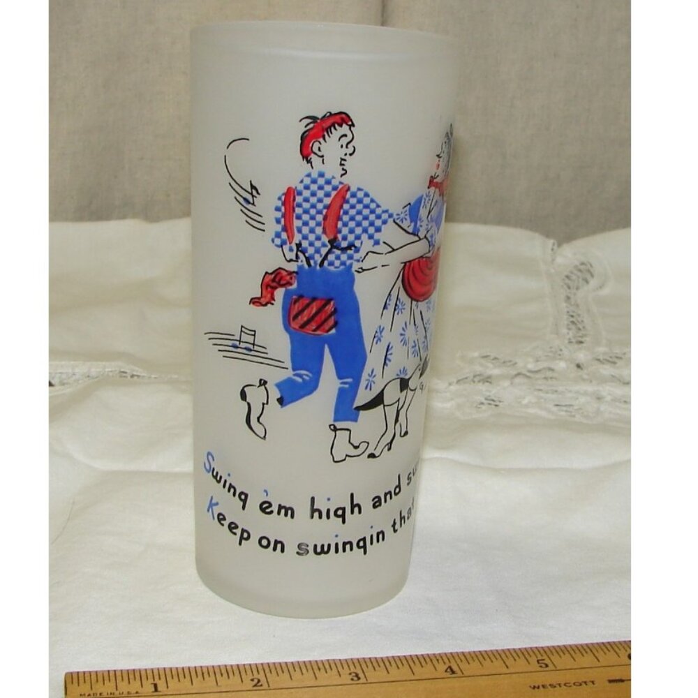 Vtg Federal Frosted 6.25" Glass Tumbler, Square Dancing, Swingin' That Calico